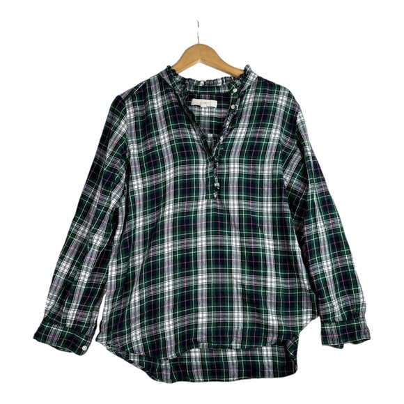 LOFT | Plaid Ruffle Utility Henley Green Blouse Size Large - Picture 2 of 5
